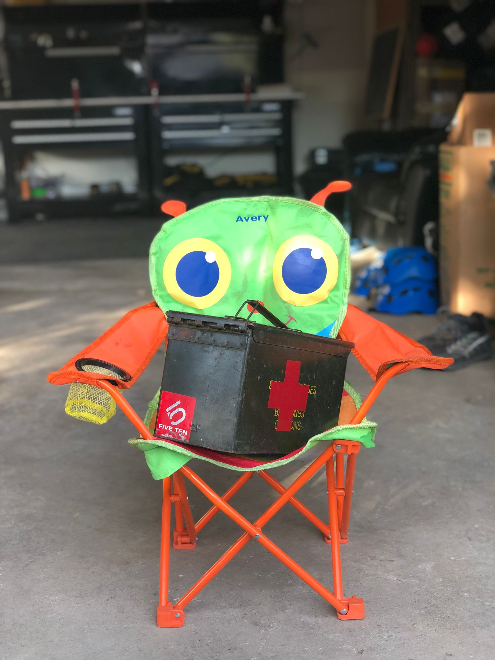 Jason&rsquo;s ammo case in his daughter&rsquo;s chair.